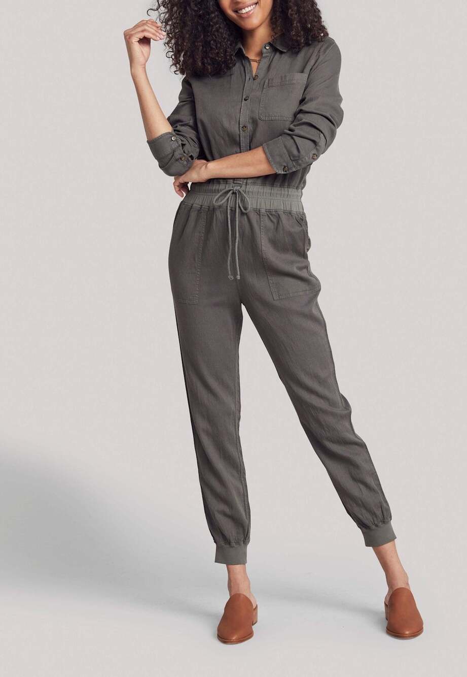 Faherty Arlie Day Surplus Green Tencel Linen Long Sleeve Utility Jumpsuit XL